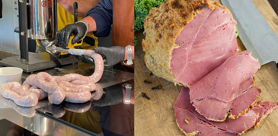 Korvtillverkning av viltfärs till vänster och en uppskuren vildsvinsjulskinka till höger.