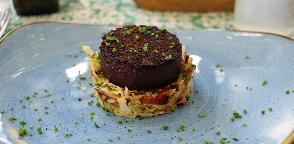 Blodkorv på en bädd av kålsallad på en blå tallrik.