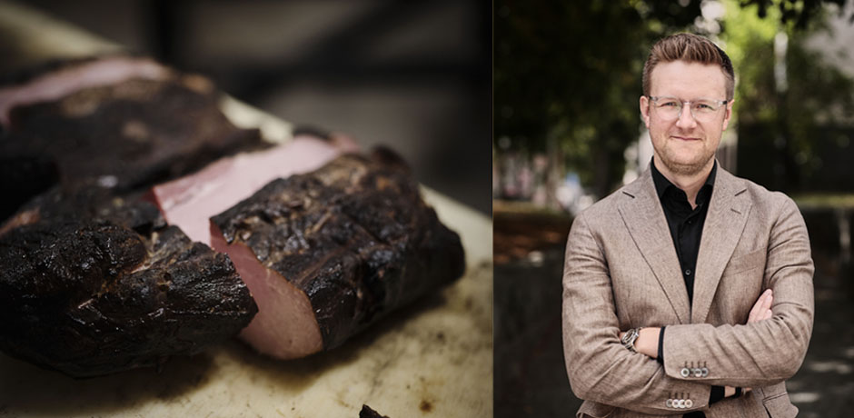 Bildkollage med bild på en bit Vindelnrökt skinka och Robin Karlsson.