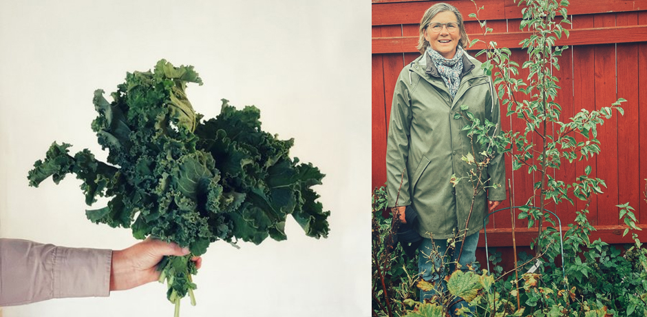 Bukett av grönkål och projektledare Eva Hagström bredvid päronträd.